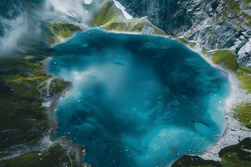 Breathtaking Aerial View of a Glacier Lake Surrounded by Snow-Capped Mountain Peaks in a Pristine Alpine Landscape