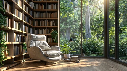 Inviting reading nook featuring armchair, bookshelves bathed in natural light, perfect for escaping into a world of literature.