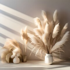 White feather on black background, pampas grass in a room aesthetic view