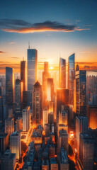 Obraz premium A vertical view of a city skyline during sunset, featuring prominent skyscrapers illuminated by the orange hues of the setting sun