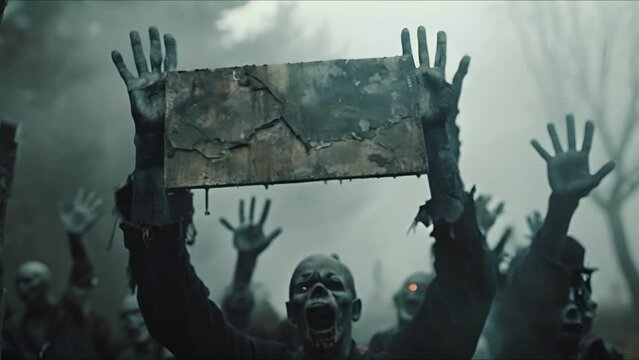 Halloween theme with zombie hands and sign, clear backdrop,