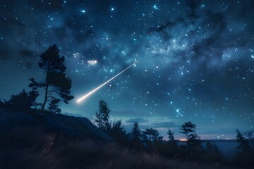 Dramatic Meteor Streaking Across a Starry Night Sky Over a Silhouetted Mountain Landscape