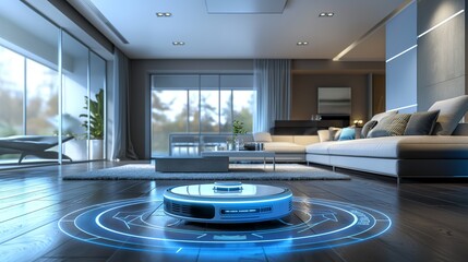 Robotic vacuum in stylish living room with azure couch