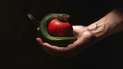 Hand holding a red apple with a snake wrapped around it