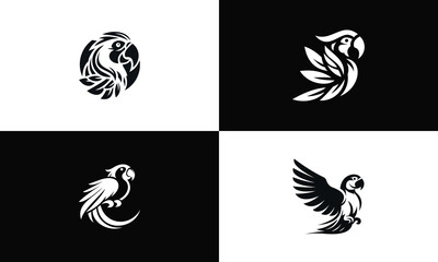 Parrot or macaw black and white set of logotypes, four logo illustrations of an exotic bird