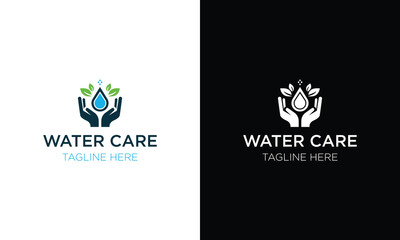 hand leaf care with fresh water drop for biology spring natural logo design