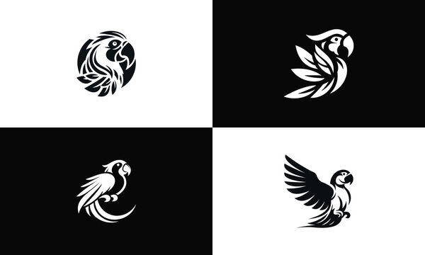 Parrot or macaw black and white set of logotypes, four logo illustrations of an exotic bird