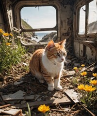 Portrait of a tabby cat lying on the ground with yellow flowers