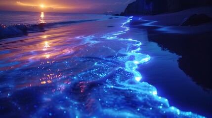 Mesmerizing Bioluminescent Seascape at Dusk with Glowing Blue Waters