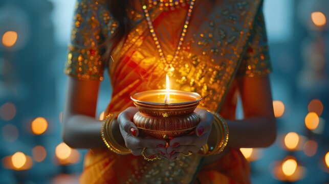 Close-up of an Indian woman in traditional dress holding an oil lamp during the festival of lights