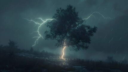 Powerful Lightning Bolt Striking a Lone Tree on a Stormy Night Landscape