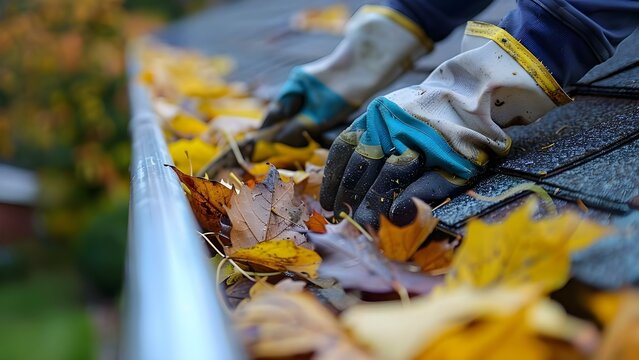 Man cleaning leaves from a roof gutter for highquality gutter cleaning. Concept Home Maintenance, Gutter Cleaning, Outdoor Chores, Roof Care, Preventative Maintenance