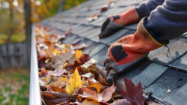 High-Quality Gutter Cleaning Service: Man Cleaning Leaves from a Roof Gutter. Concept Gutter Cleaning, Roof Maintenance, Leaf Removal, Professional Services, Home Exterior Care