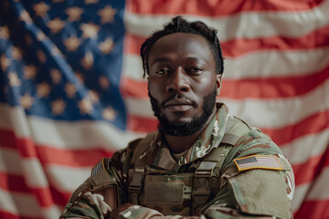Photorealistic image of a brave serious African-American soldier in uniform against the American flag on Veterans Day. Suitable for patriotic and military-themed content.