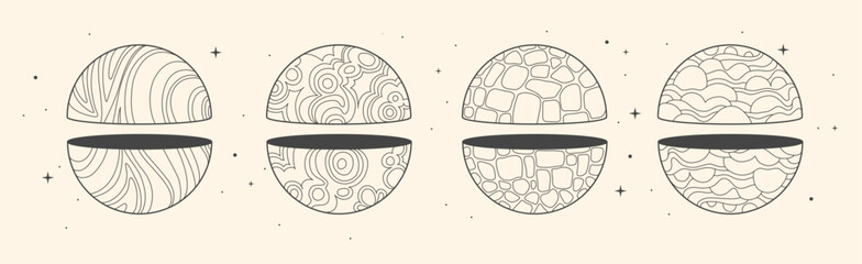 Set of Modern magic witchcraft cards with geometric spheres or planets. Line art occult vector illustration