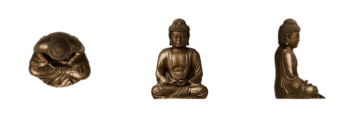 Buddha Statue Top View, Front View, Side View. Isolated Transparent Background