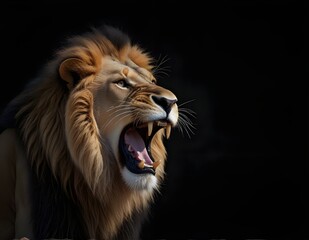 Portrait of a Lion roaring on a black background.