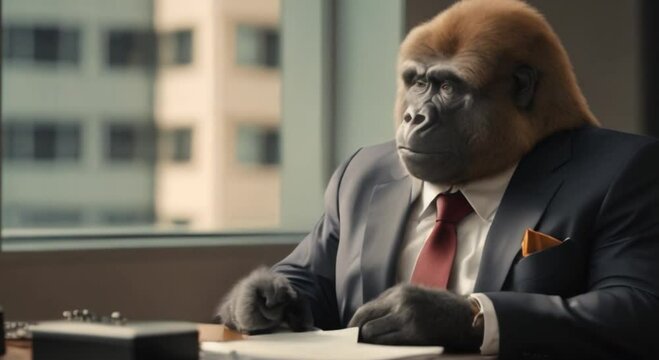 a gorilla wearing a suit in the office