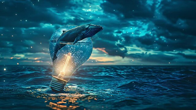 Surreal night with a blue whale inside a water-filled light bulb,