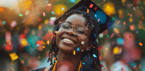 A woman wearing glasses and a graduation cap is smiling