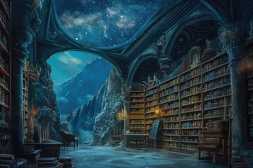 An ancient library filled with magical books, glowing orbs, and mystical artifacts. Shelves reach...
