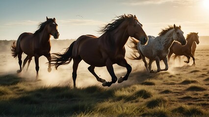 Herd of horses galloping in the field at sunrise in summer