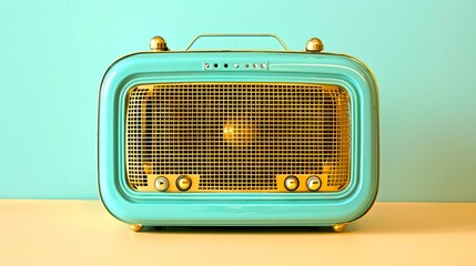 Vintage turquoise radio on a pastel yellow background. Nostalgic retro technology. Perfect for decor and design themes. Capturing a sense of the past. AI
