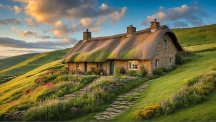 A cozy hill top cottage nestled among the rolling green hills