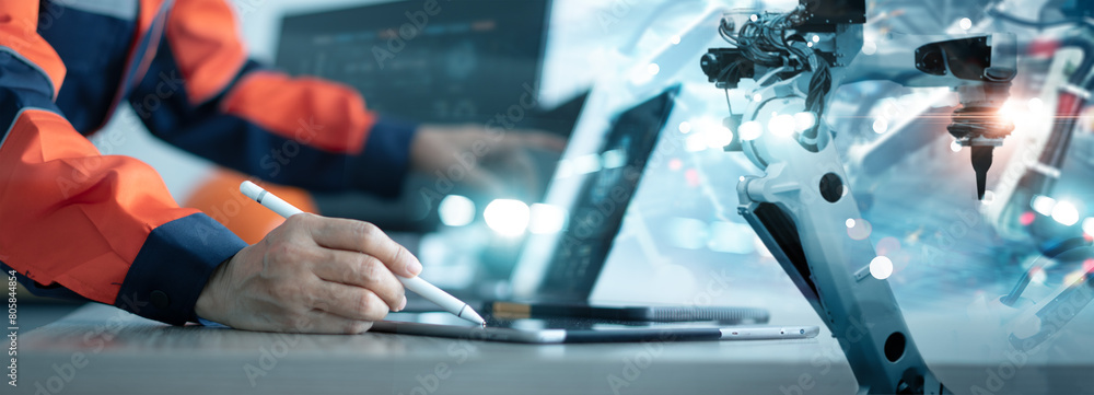 Poster Industry 4.0, Engineer use monitoring system software and record data of ai robotics automatic arms machine working on network in intelligent factory, Ai, Machine learning, Digital manufacturing.