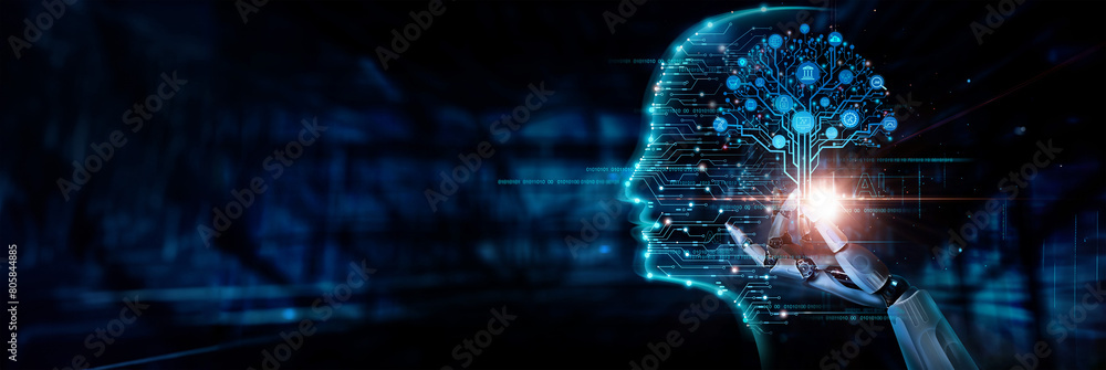 Poster AI Marketing, Artificial Intelligence. Machine learning, Hand of robotic holding Structure big data of marketing, data processing, deep learning of digital marketing technology for future.
