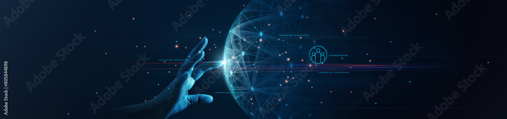 Poster Businessman touching global network structure of customer data connection, Social network communication, CRM, customer service, customer experience, Search and data exchanges. Business and technology