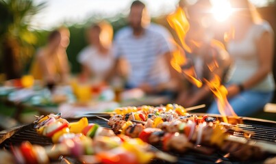 Grill bar-b-q party outdoors with friends on bright sunny day with grilled meat and vegetables cookout holiday and vacation celebration during weekend picnic together