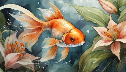 幻想的な背景、綺麗な金魚が百合と共に夏の香りを届ける水墨画風のイラスト、壁紙  generated by AI
