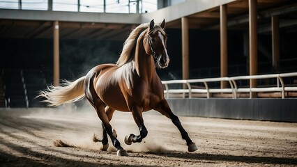 Beautiful bay horse with long mane galloping in paddock