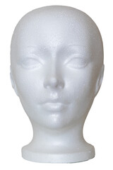 Styrofoam mannequin head of a bald woman isolated on a transparent background.