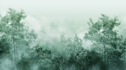 Fototapeta na wymiar Horizontal landscape green trees in the fog.