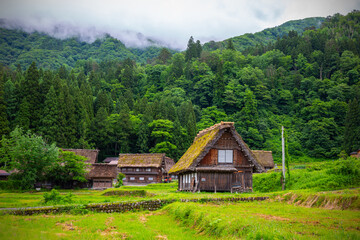 Fototapeta na wymiar Landscape Traditional and Historical Japanese village Shirakawago in Gifu Prefecture Japan, Gokayama has been inscribed on the UNESCO World Heritage List due to its traditional Gassho-zukuri houses