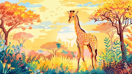 A giraffe amid a colorful savanna sunrise
