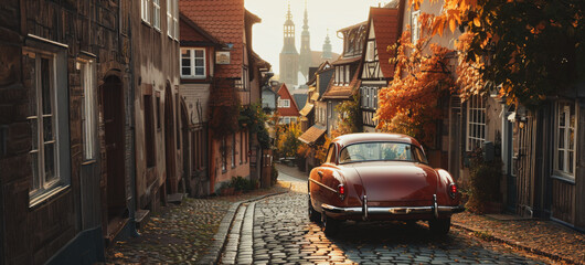 Fototapeta premium A red car is parked on a cobblestone street in a town