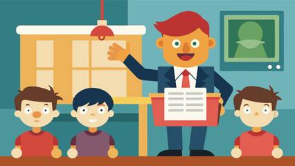 In a school assembly a puppet show is used as a tool to educate young minds with the puppeteer using news stories to subtly shape the students.