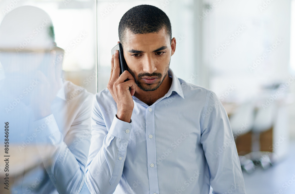 Poster Man, thinking and listen phone call in office with news, client feedback and development in real estate. Property, realtor and chat to contact planning decision in business or idea for investment