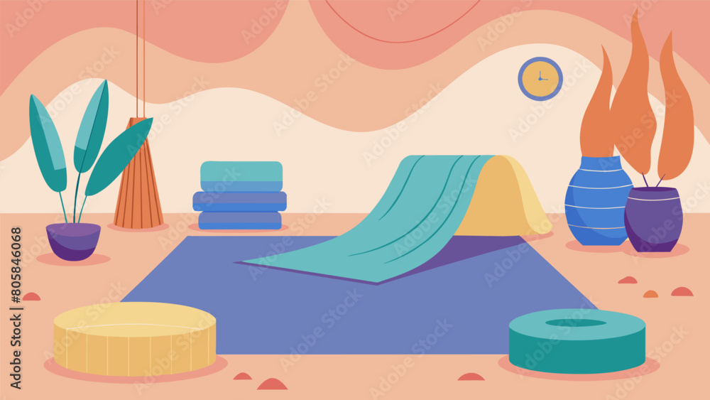 Poster a stretching area with soft natural fabrics and materials to encourage relaxation and flexibility.. 