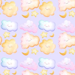 Cute sky cloud moon star and rainbow seamless pattern background