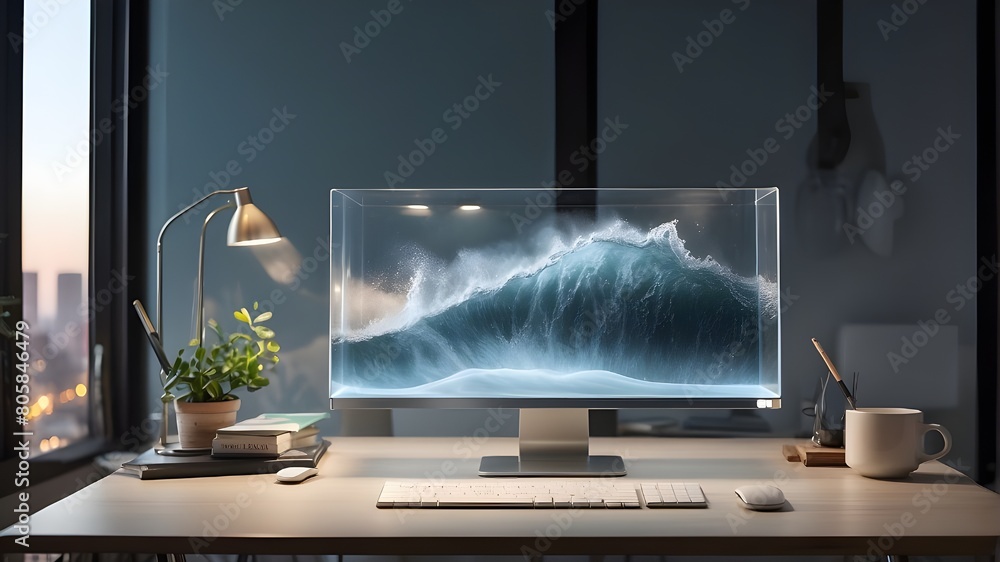 Poster a single, big, clear glass display devoid of any content, resting on a tidy desktop