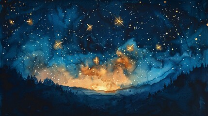 a watercolor painting of space dotted with stars and showcasing the Cancer constellation, elegantly set on textured watercolor paper.