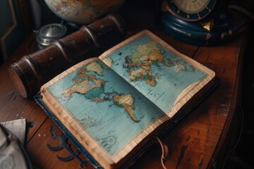 table with open world map