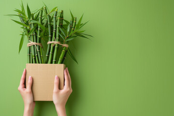 Hands are seen holding a bamboo plant in cardboard boxes on a green background, innovative page design, handcrafted objects, and minimal retouching.