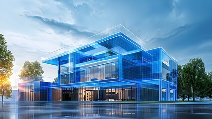 Obraz premium Contemporary Blue Holographic Building Design for Real Estate Investment by a Businessman. Concept Real Estate Investment, Contemporary Design, Holographic Building, Blue Color Scheme