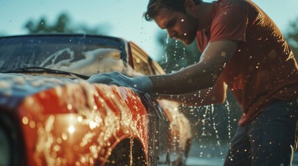 Care and Precision: Person Hand Washing Car with Foam and Sponge, Automotive Maintenance and Detailing Concept