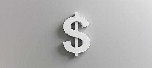 A dollar sign, shaped in white, on a grey wall, showcasing back button focus, circular abstraction, minimal sculpture, and a white background.